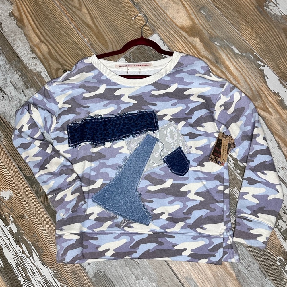 Handmade Upcycled Repurposed Rework Blue Camo Denim Sweatshirt Gypsy Hippie ooak